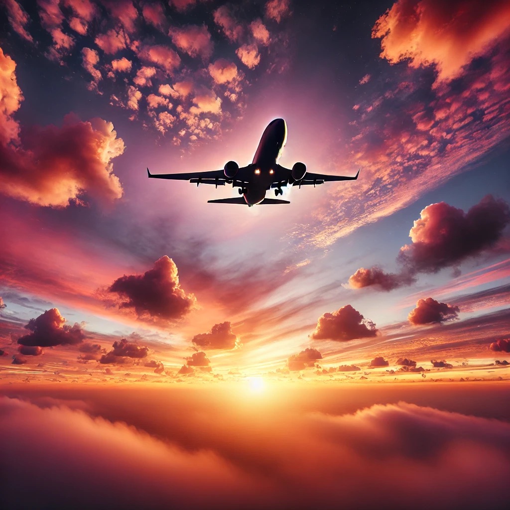 Airplane flying in sunset sky