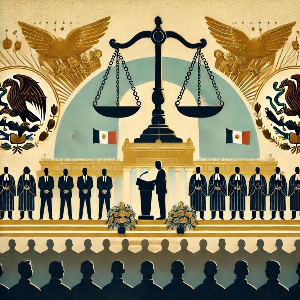 Political inauguration in Mexico with justice symbols