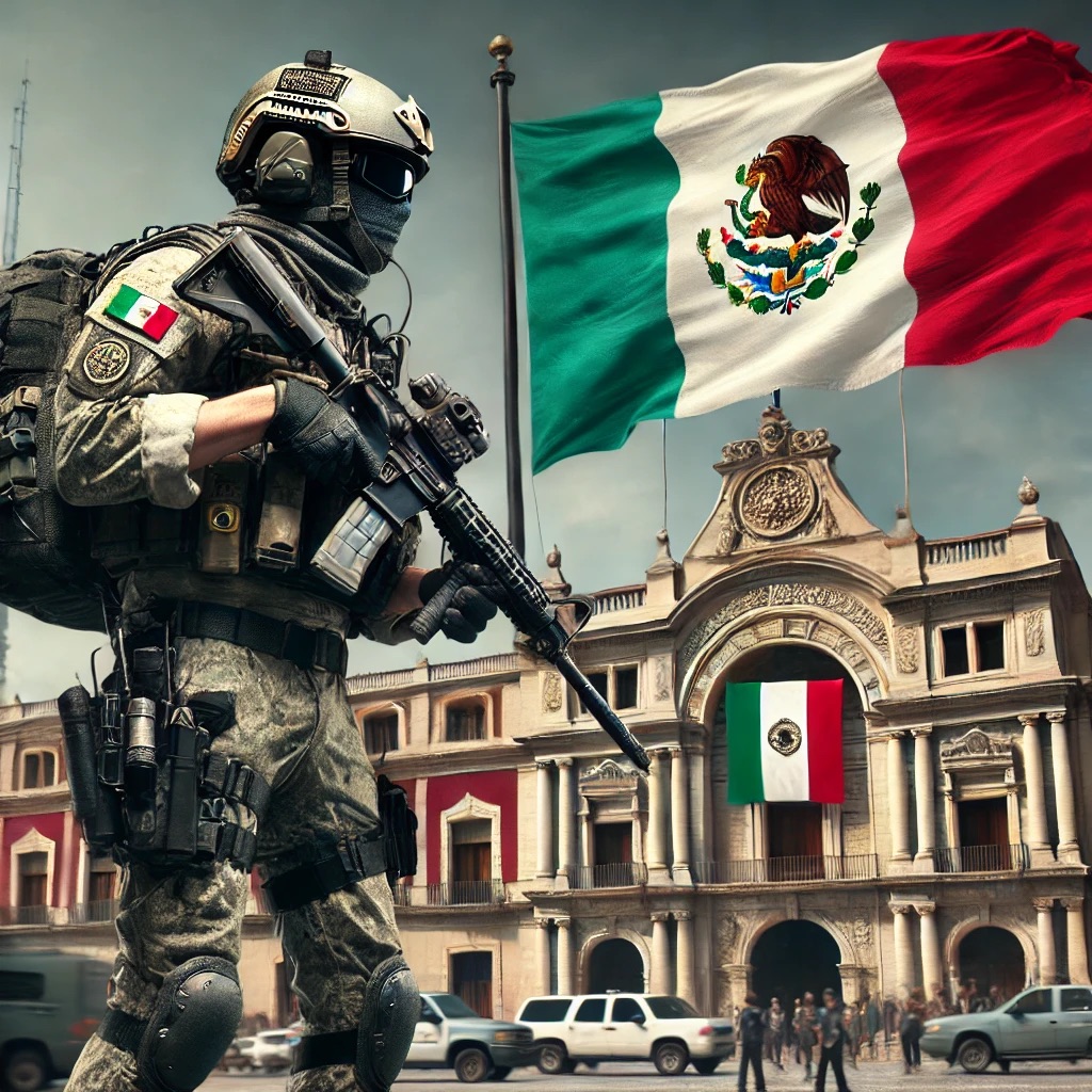 Mexican national guard soldier and flag.