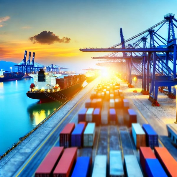 Busy modern port at sunrise.