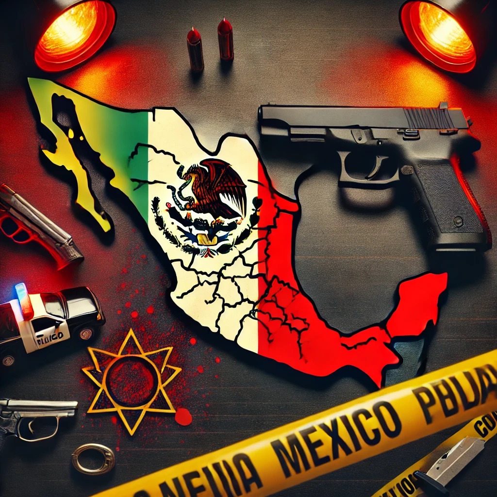 Map of Mexico with crime symbols.
