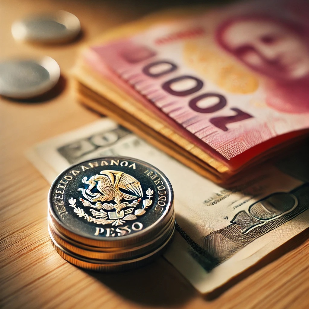 Mexican peso coins and banknotes