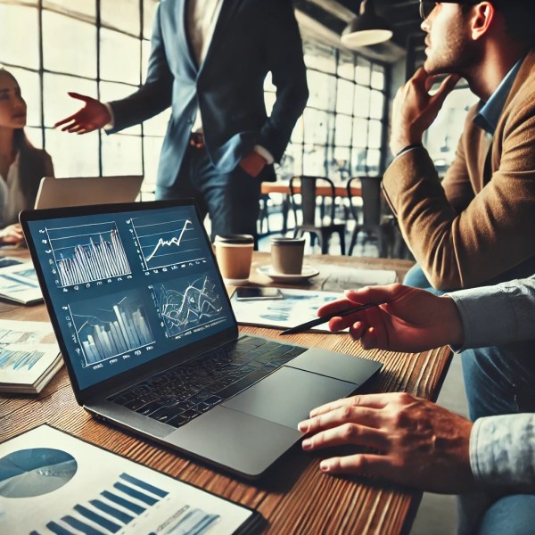 Professionals discussing financial growth trends during a meeting, reflecting routine work in financial analysis and consulting.