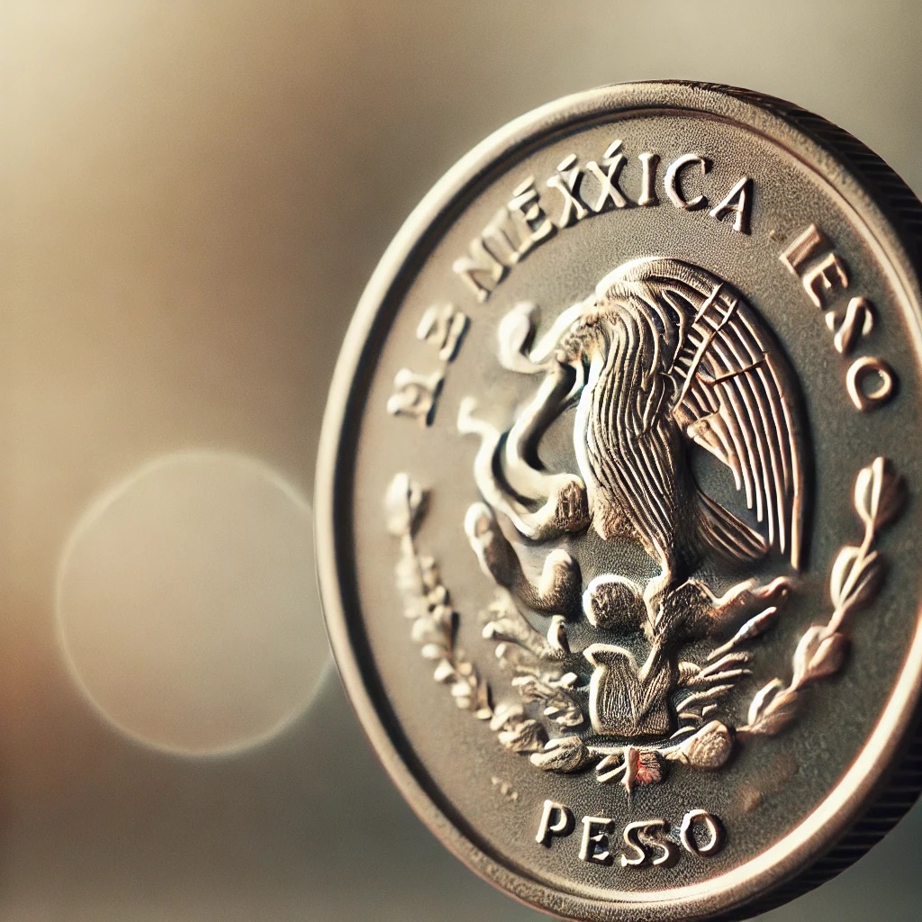 Close-up of Mexican peso coin