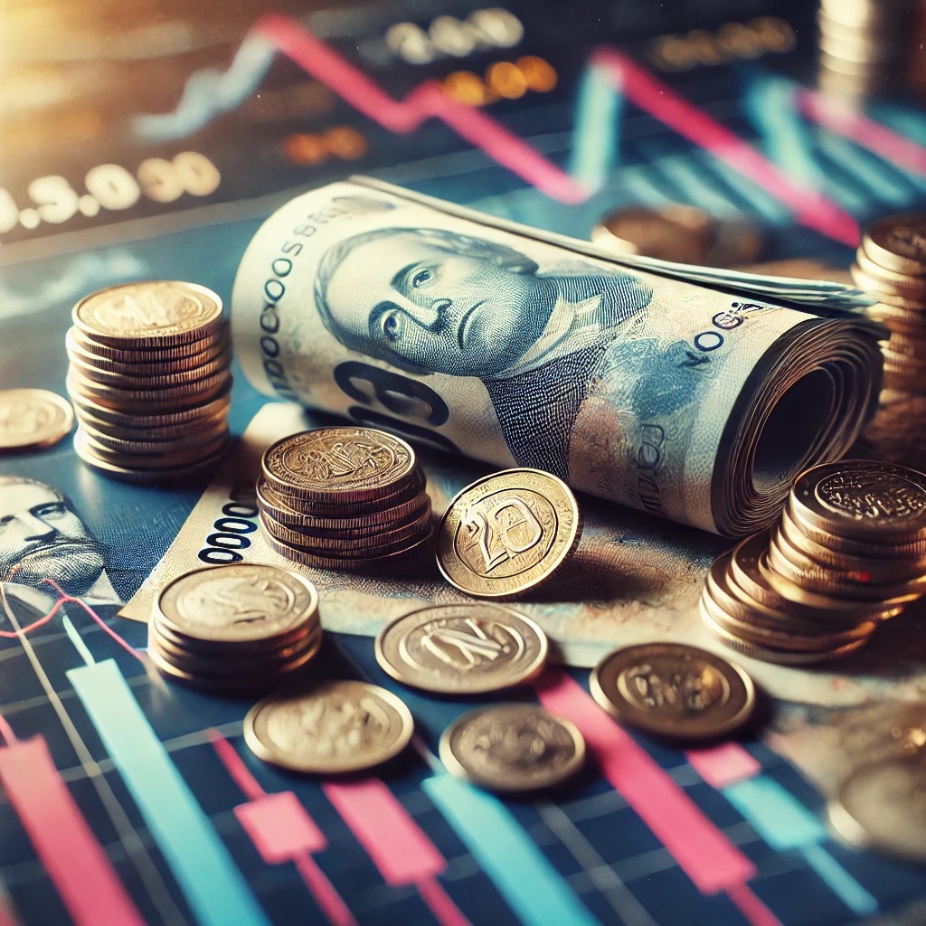 Mexican pesos on financial chart.