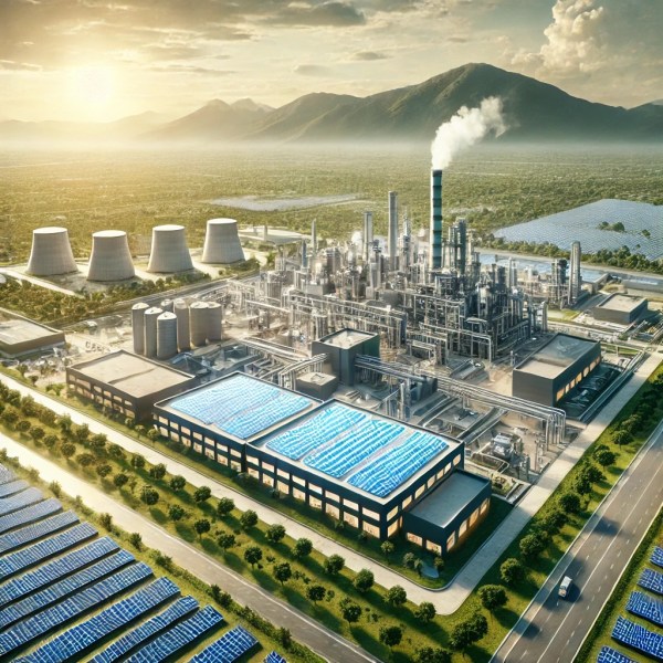 Solar panels on factory rooftop.