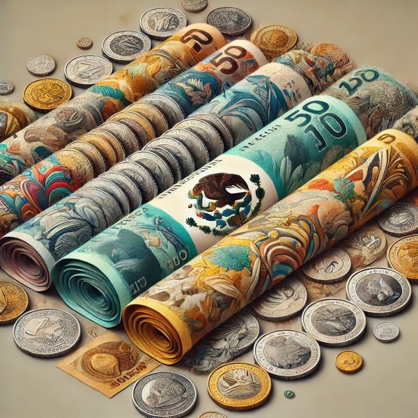 Artistic showcase of Mexican peso coins and banknotes