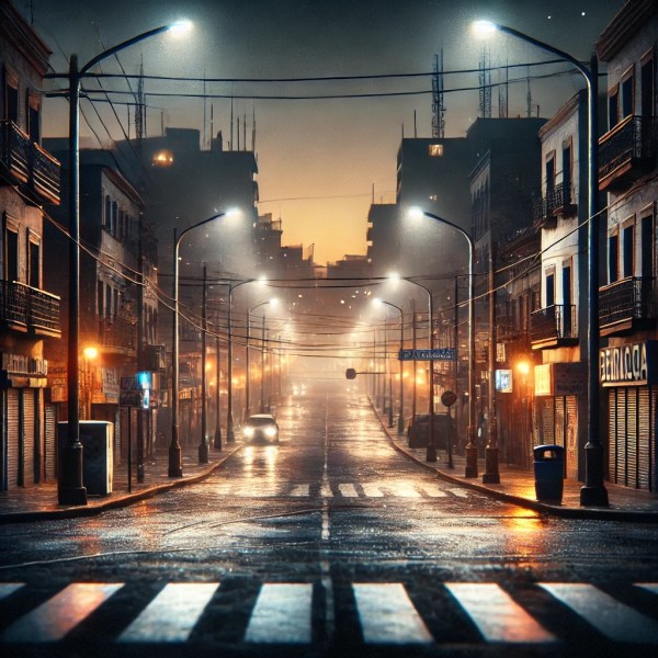 Mexican urban street at night reflecting tension