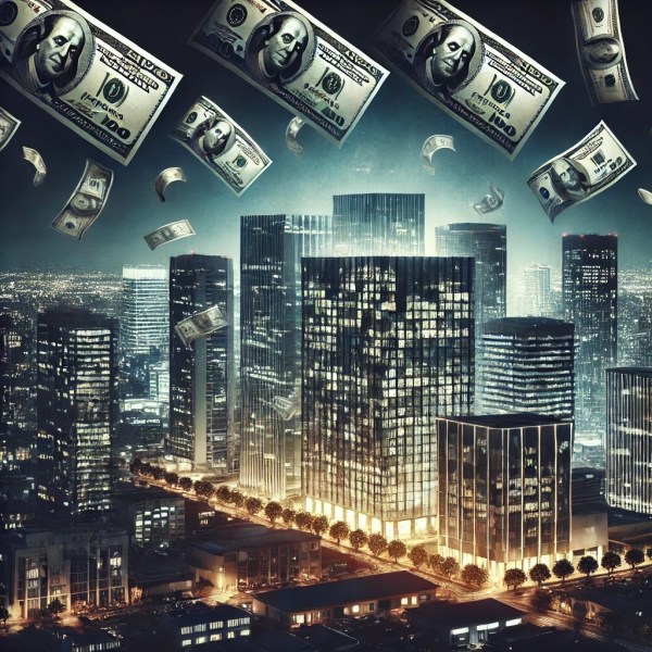 Night city with money floating.