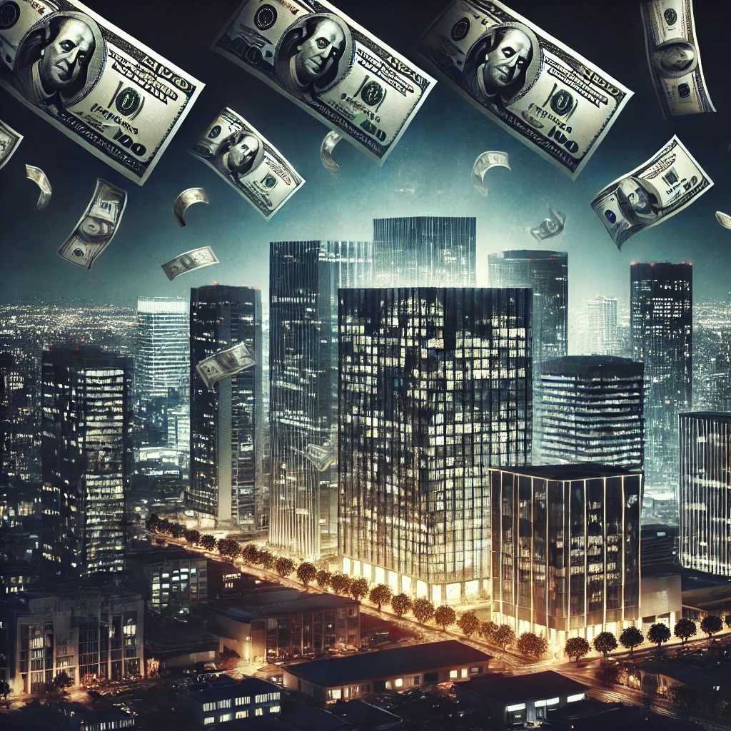 Night city with money floating.