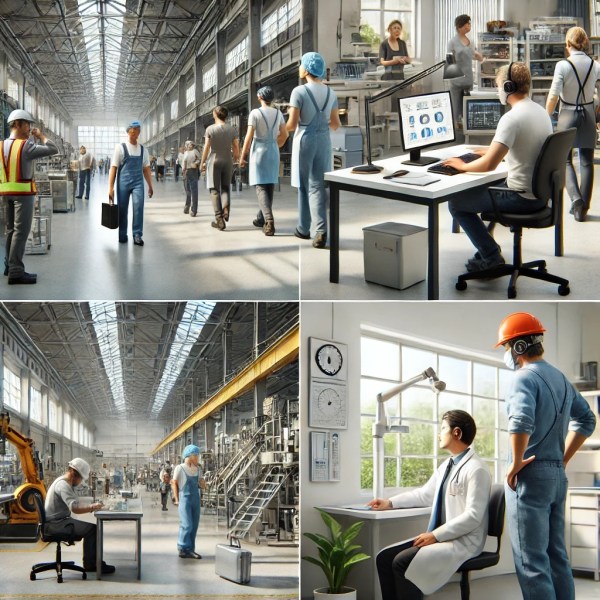 A realistic workplace scene in Mexico, highlighting diverse workers in a safe and ergonomic environment.