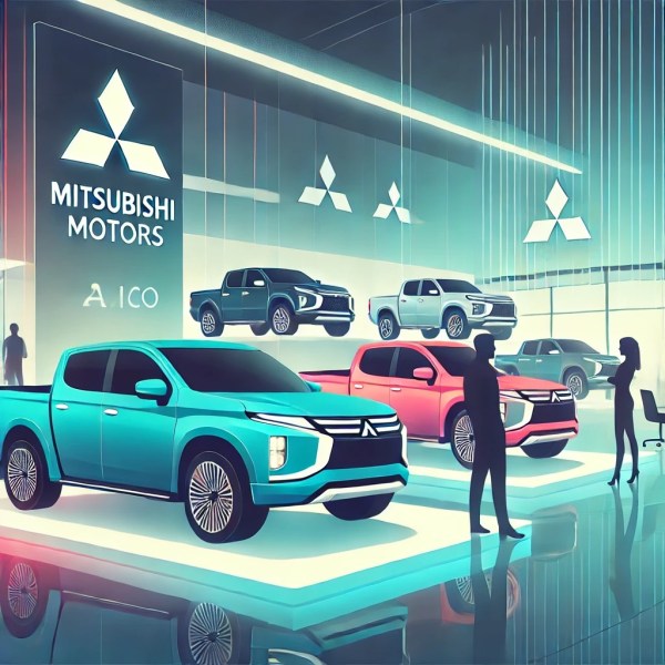 Mitsubishi cars in a showroom.
