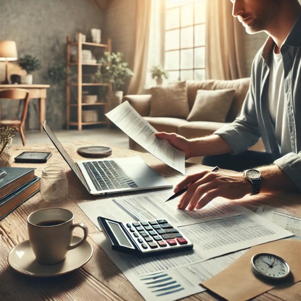 Person managing finances at home.