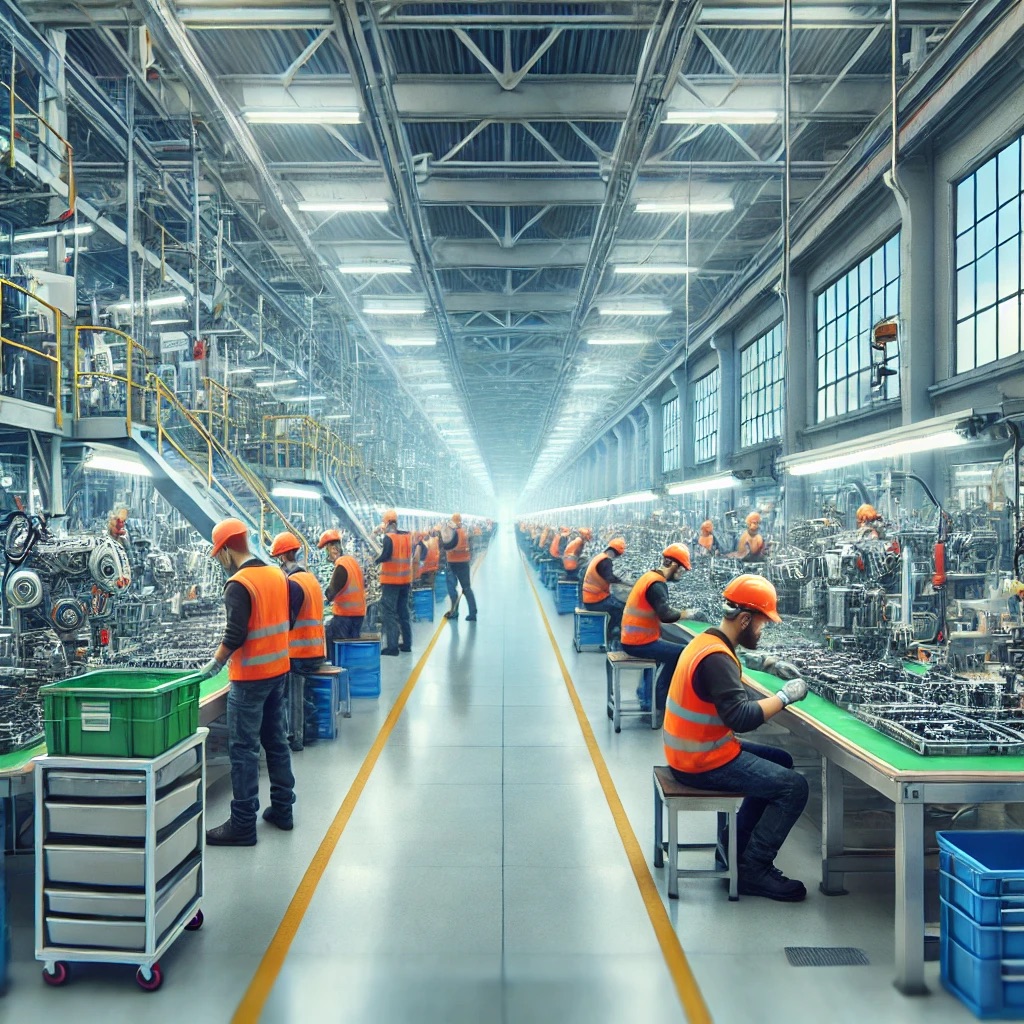 Workers in a factory assembling parts.