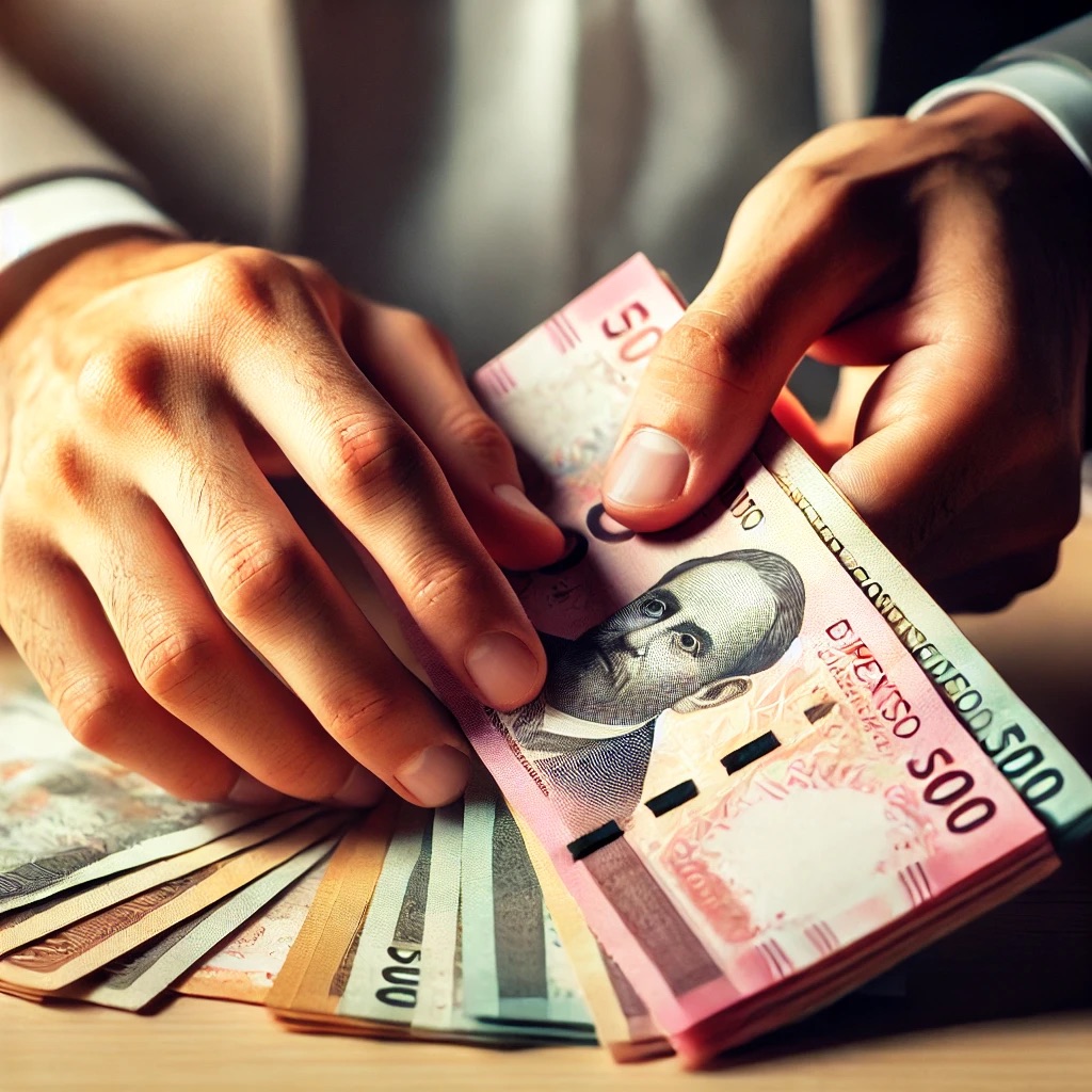 Counting Mexican pesos.