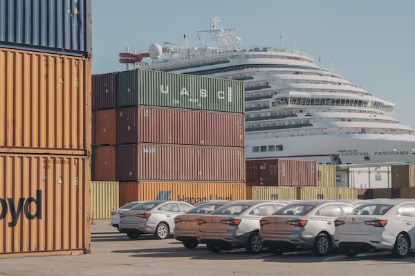 Cruise ship at tropical port