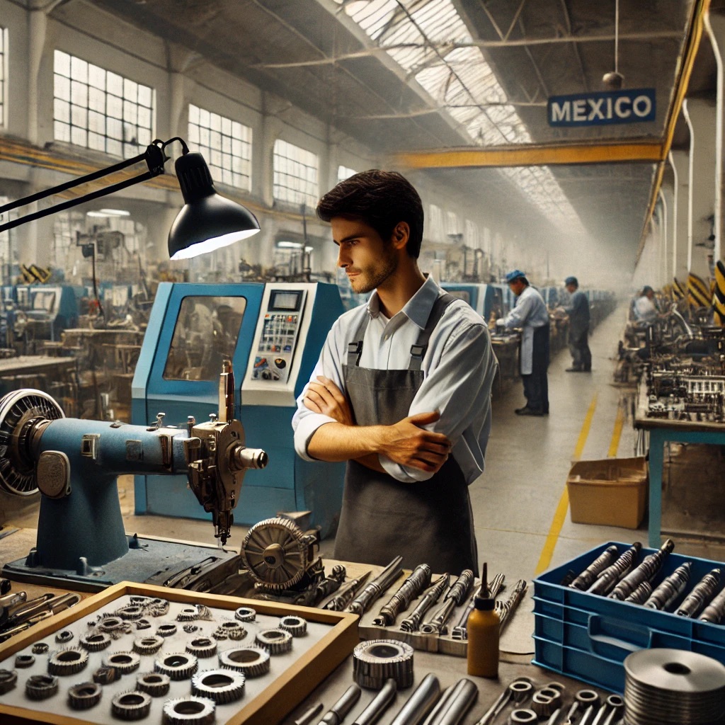 Worker inspecting machinery in factory