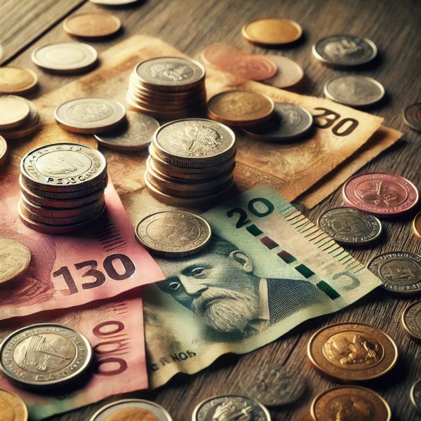 Mexican peso banknotes and coins