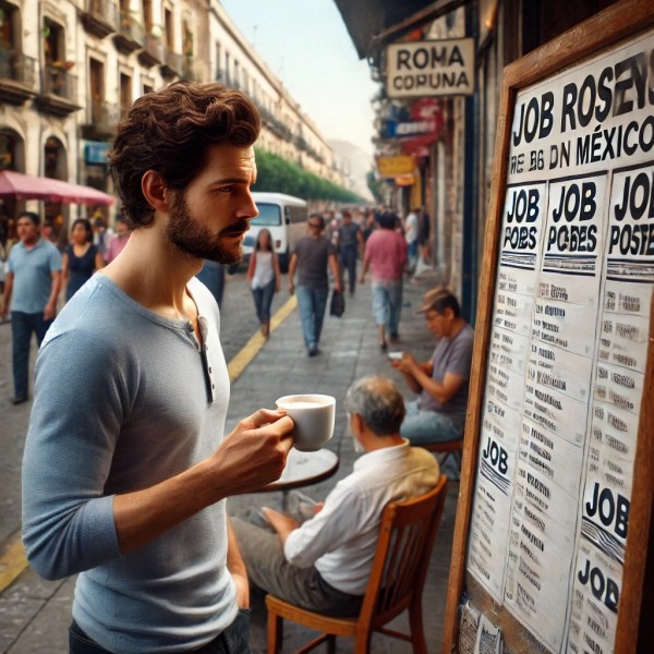 Man looking at job postings outside a café in Mexico