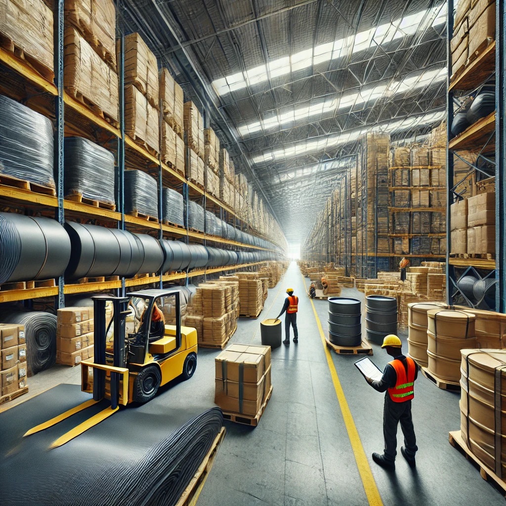 Workers inspecting rubber materials in a warehouse
