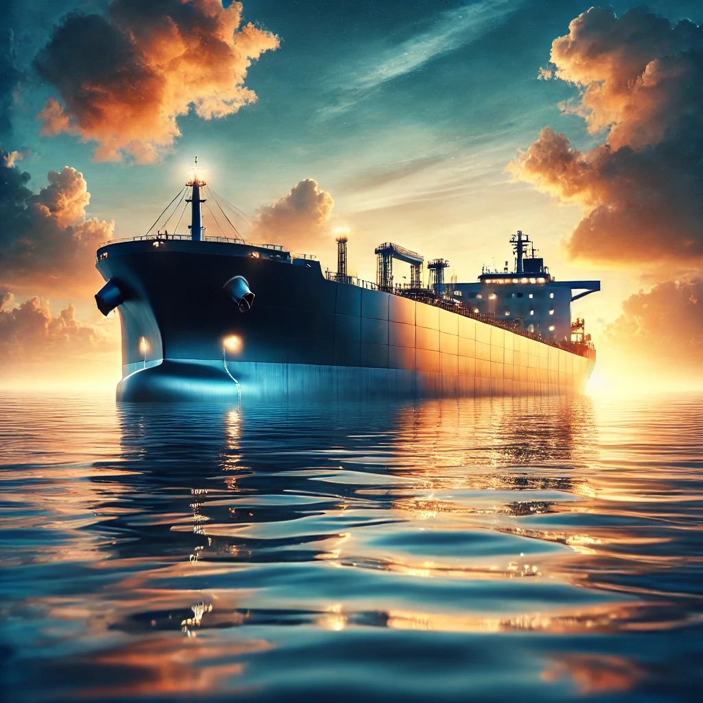 Oil tanker at sunset