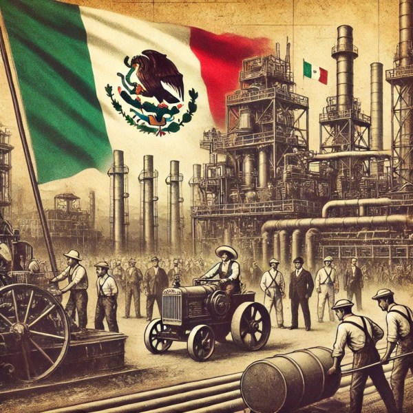 Mexican oil refinery with workers and flag.